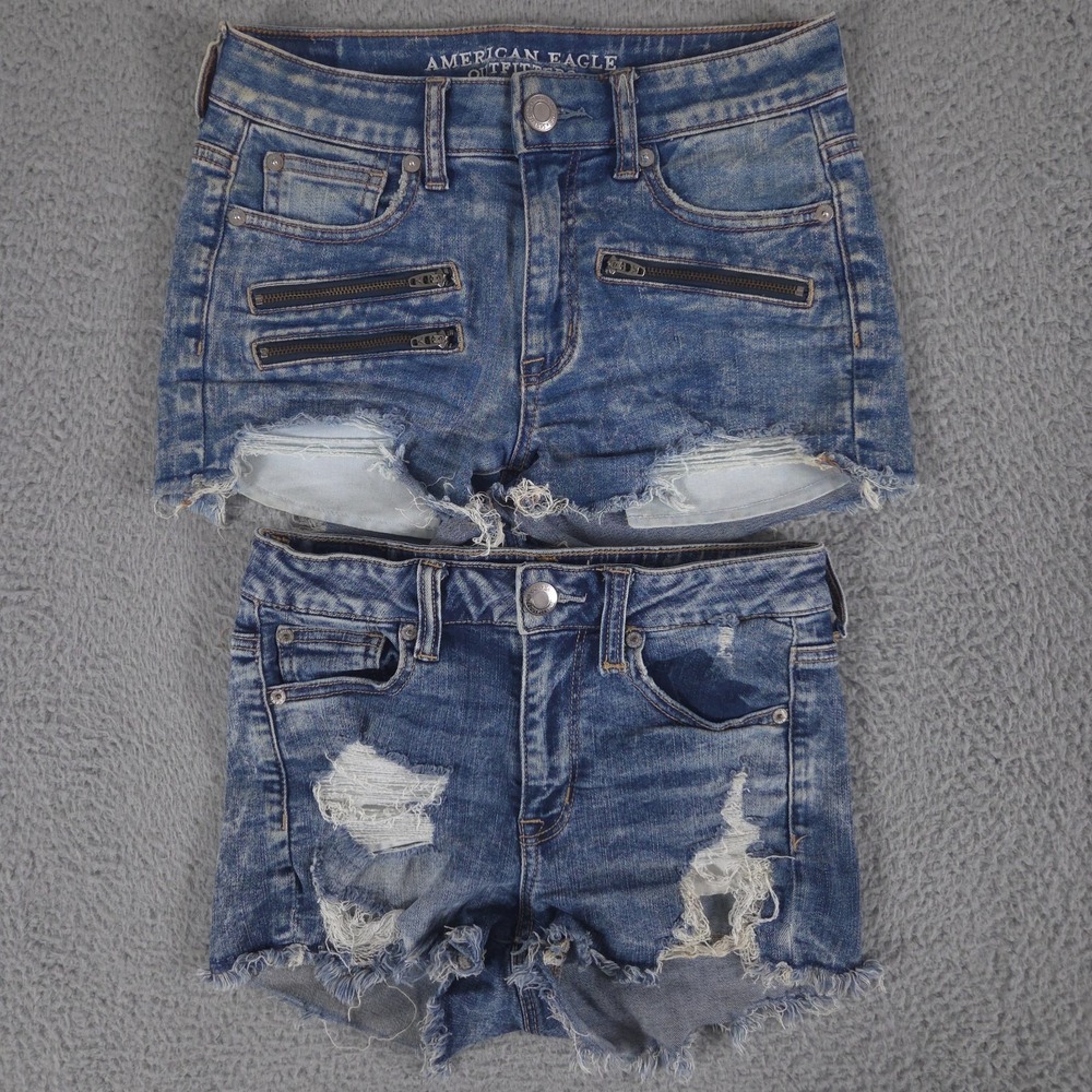 LOT OF 2 American Eagle Shorts Womens 2 AEO Denim Super‎ Stretch Hi-Rise Shortie